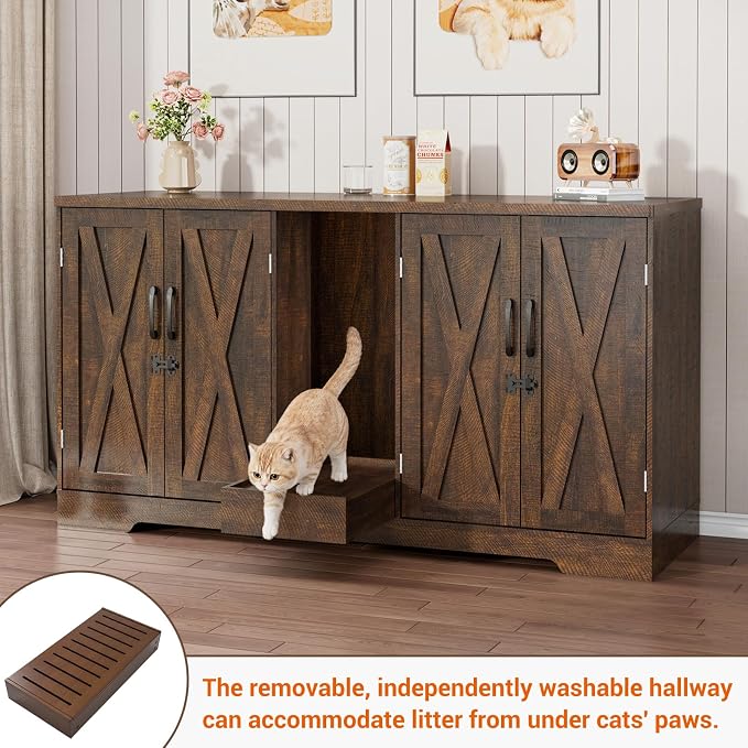 59.1" Cat Litter Box Enclosure for 2 Cats, Hidden Litter Box Furniture with Dog-Proof Lockable Door and Built-in Power Outlet, Litter Collector, Vent Openings, Anti-Tip Kit and Magnetic Door, Brown