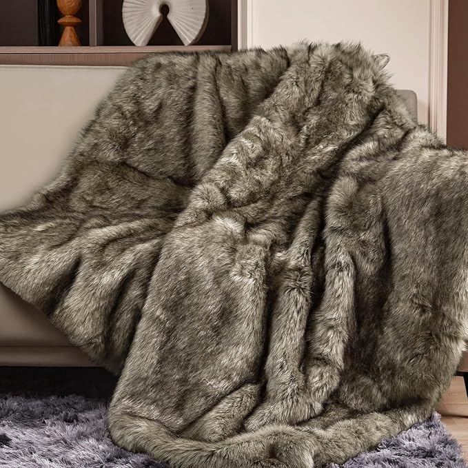 Luxury 1000GSM Faux Fur Throw Blanket, Super Thick Warm Cozy Heavy Blankets for Couch Bed Sofa, Plush Fuzzy Elegant Soft Reversible Mink Blanket for Living Room Bedroom 50x60, Grey
