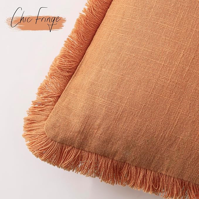 Foindtower Set of 2 Decorative Linen Fringe Throw Pillow Covers Cozy Boho Farmhouse Cushion Cover with Tassels Soft Accent Pillowcase for Couch Sofa Bed Living Room Home Decor,20×20 Inch,Dusty Orange