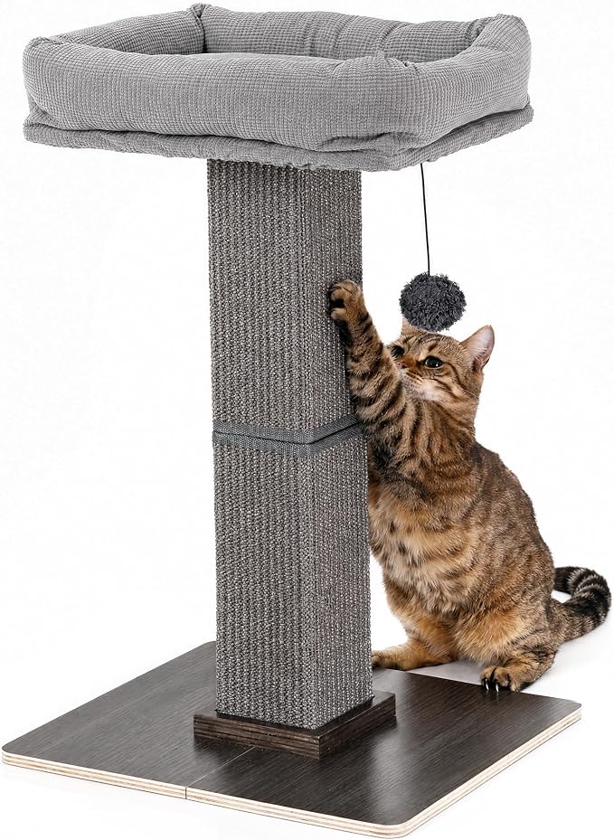 FUKUMARU Retro-Style Cat Scratching Post with Perch for Indoor Adult Cats | 28.7" Elevated Tall Cat Bed, Solid Wood Large Cat Scratcher Tower with Bed, Aesthetic Cat Tree Furniture with Natural Sisal