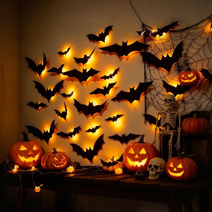 DR.DUDU 36 Pack Light Up Bats Halloween Decorations, Orange | 3D, LED Lights, Wall Decor, Removable Bat Stickers, Indoor Outdoor Window Bathroom Garage Door Home Party Use