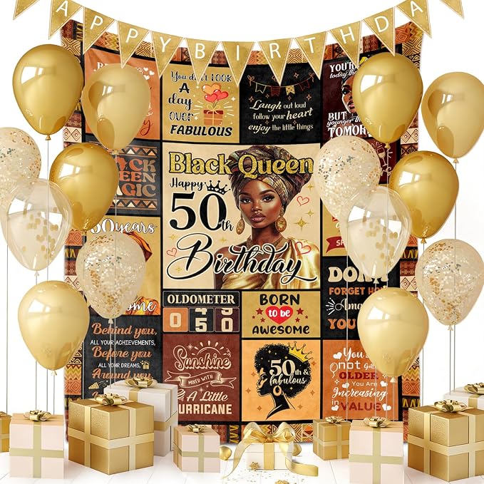 African American 50th Birthday Gifts for Women Blanket 60"X50", Encouragement Inspirational Bday Gift, 50 Year Old Birthday Gifts for Black Women Mom Lady Girl Friend