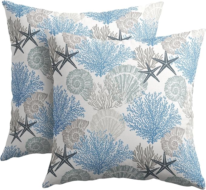 Coastal Starfish Seashell Coral Pillow Covers 16x16 Inch Set of 2 Summer Nautical Beach Decorative Pillow Cases Sea Ocean Cotton Linen Cushion Case Farmhouse Home Decor for Sofa Couch Bedroom