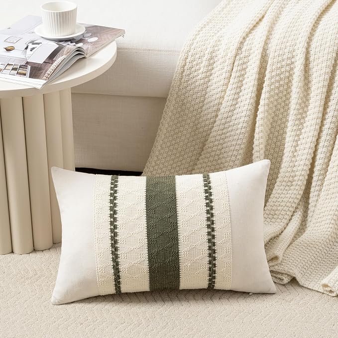 Fancy Homi Set of 2 Boho Olive Green Lumbar Decorative Throw Pillow Cover 12x20 Inch for Couch Bed Sofa Chair, Modern Organic Farmhouse Home Decor, Soft Cotton Cute Accent Rectangle Cushion Case