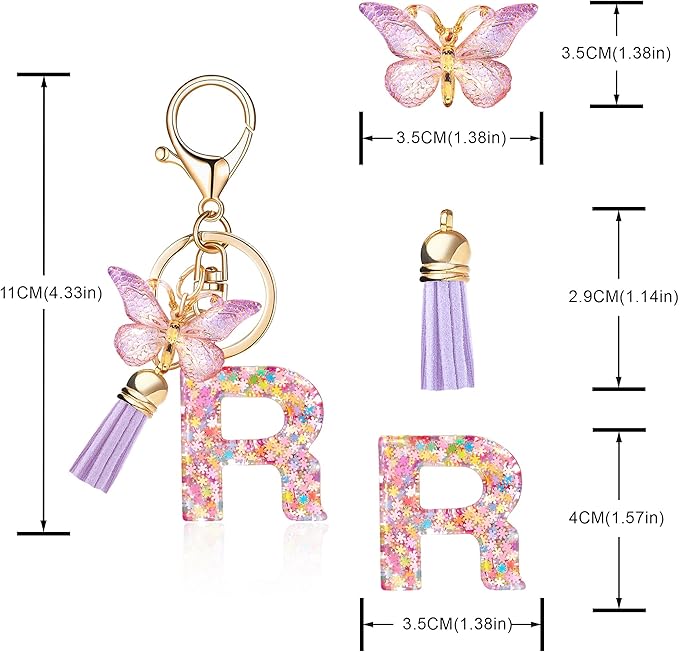 Fashion Alphabet Initial Letter Keychain Tassel Butterfly Pendant Key Ring for Purse Handbags Women Girl