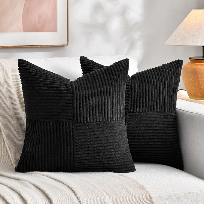 Fancy Homi Black Decorative Throw Pillow Covers 22x22 Inch for Living Room Couch Bed Sofa, Rustic Farmhouse Boho Home Decor, Soft Corss Corduroy Patchwork Accent Square Cushion Case 55x55 cm