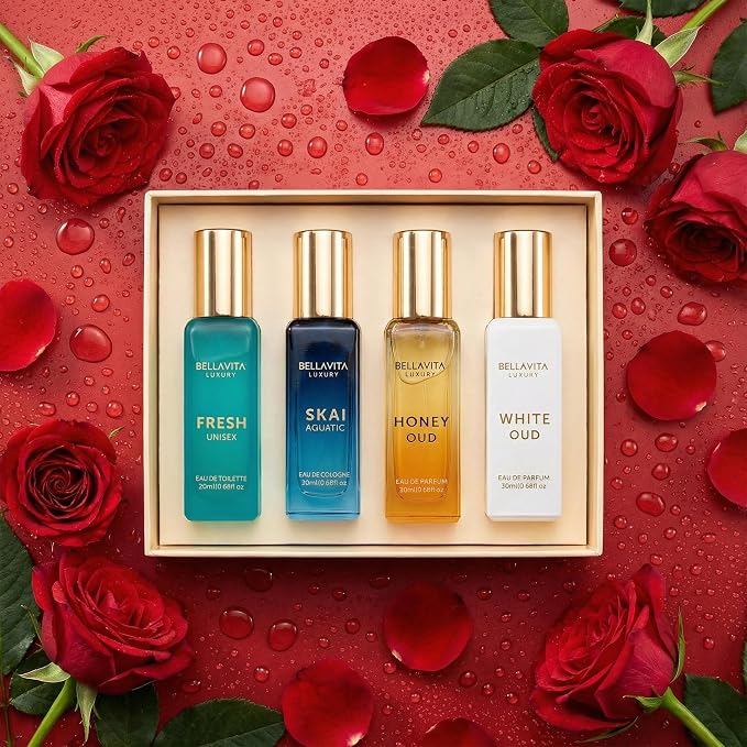 Bellavita Luxury Unisex Perfume Gift Set with Honey Oud, White Oud, Skai, and Fresh | 80ml | Perfume for Men and Women | Honey, Artemisia Lemon, Bergamot, and Sweet Almond Notes | Women's Day Special