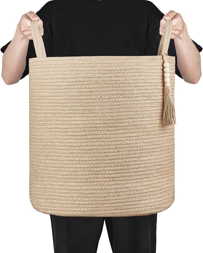 Mkono Woven Storage Basket for Blanket, Toys Plant Organizer, 15"W x 17.7"L | Brown, Jute, Decorative Basket with Handle, Wood Beads Tassel, Shoes Towel Clothes Storage Bin, Living Room Bedroom Nursery