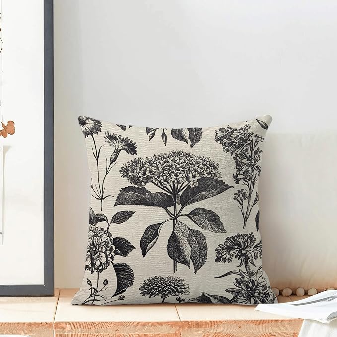 Floral Pillow Covers 20x20 Set of 2 Vintage Black Hydrangea Herbs Botanical Throw Pillow Cover Outdoor Decoration Boho Flower Pillowcase Farmhouse Decorative Cushion Case for Home Couch Sofa
