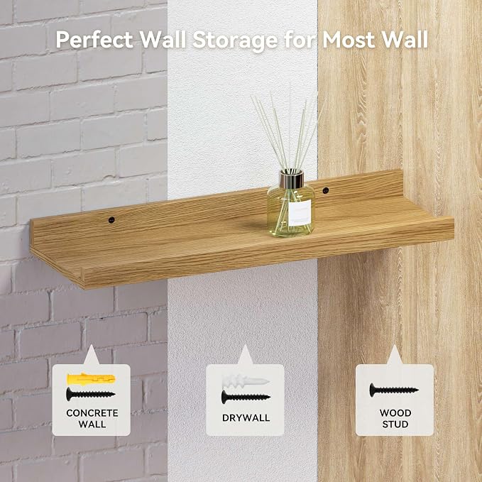 RICHER HOUSE 8-Set Floating Shelves with Lip, Oak Wall Mounted Wood Shelf | Display Picture Ledge Shelf, Anti-drop lip Shelf for Room Wall Decor, Bedroom Bathroom Storage Nursery Hanging Book Shelves