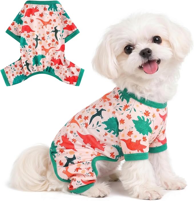 DaFuEn Dog Pajamas for Small Dogs, Soft Stretchy 4 Legs Puppy Jumpsuit, All Season Cozy Pet PJs for Chihuahua Yorkie Teacup Dogs, Cat Clothes (Green Dinosaur, L)