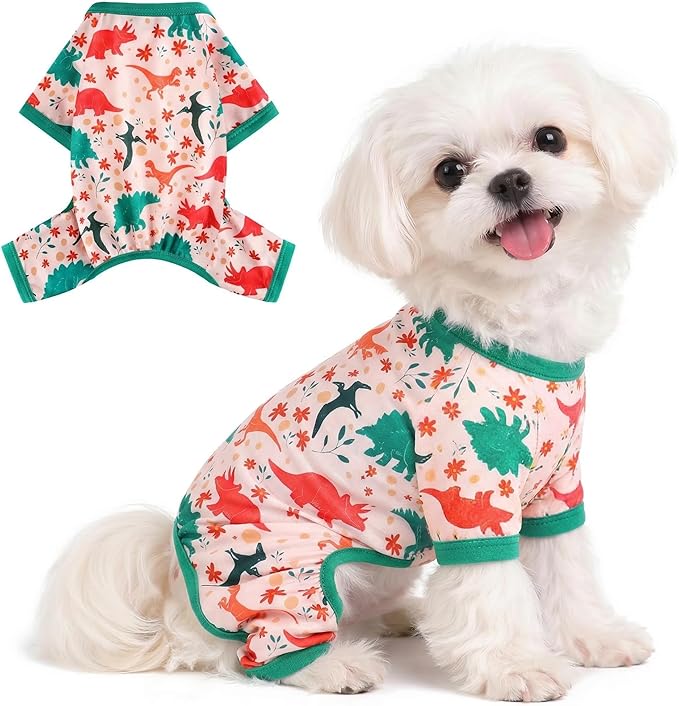 DaFuEn Dog Pajamas for Small Dogs, Soft Stretchy 4 Legs Puppy Jumpsuit, All Season Cozy Pet PJs for Chihuahua Yorkie Teacup Dogs, Cat Clothes (Green Dinosaur, XS)