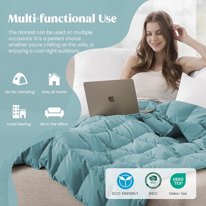 puredown® Soft Feather Down Blanket Lightweight Packable Down & Feather Fill Blanket for Indoor and Outdoor Use, Queen Size Blankets, 88"X90", Sea Blue