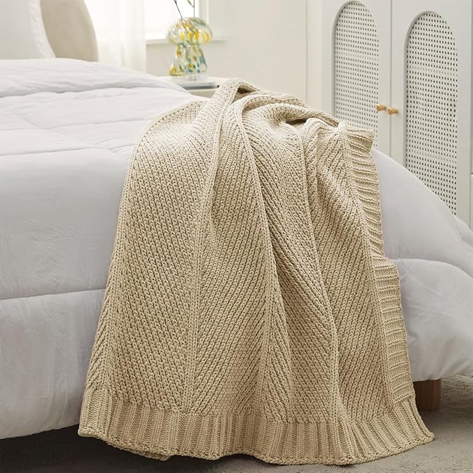 Knit Throw Blanket, Soft Chenille Cozy Breathable Chevron Chunky Decorative Blanket for Couch, Bed & Sofa, French-Inspired Lightweight Warm Gift for Women, Beige, 60"x80"