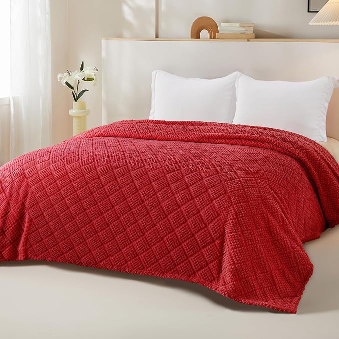 Whale Flotilla Soft Fleece Queen Size Blanket for Bed, Red | Jacquard Waffle Blankets for Home Decor, Lightweight and Cozy, All Season Suitable, 90x90 Inch