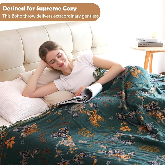 VANJOROY Boho 100% Cotton Large Throw Blanket King - All Season Rustic Ultra Soft Breathable Floral Bird Blanket for Bed Sofa Couch Chair Bedspread Quilt Gift, 91" x 108"-Teal/Beige