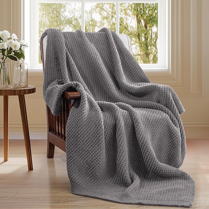 Waffle Knit Throw Blanket for Couch, Soft Cozy Chunky Knit Thick Knitted Blanket for Sofa, Bed, Gift for Women Girls Home Decor (Grey, Twin 60"x80")