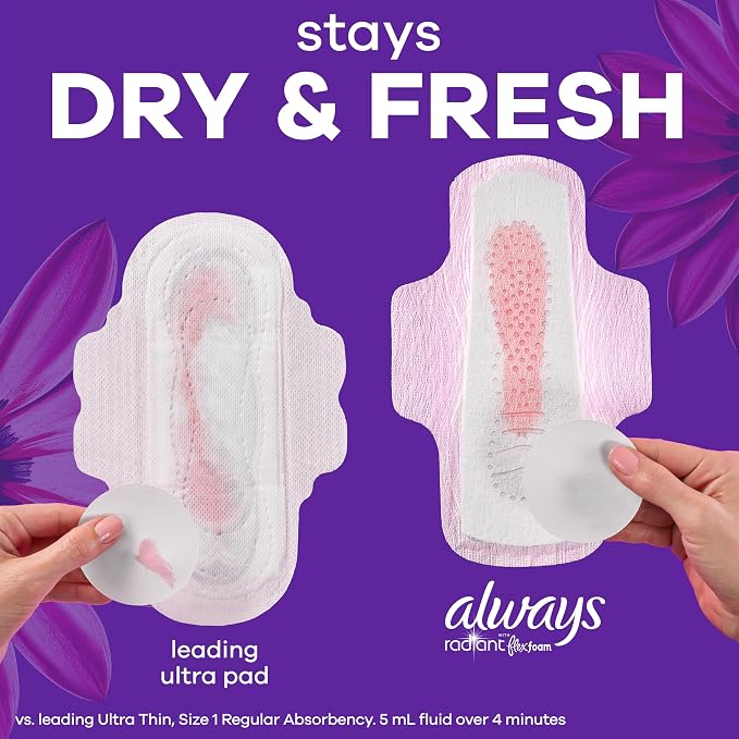 Always Radiant Feminine Pads for Women, Flexfoam Pads with Wings, Size 4, Overnight Absorbency, Lightly Scented, 28 Count
