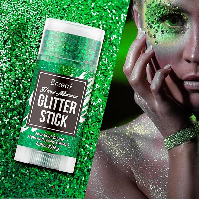 Brzeaf Waterproof Green Body Glitter Stick, Christmas Chunky Glitter for Face/Body/Hair/Eyes/Lip, Singer Concert Music Rave Festival, Glitter Stick Makeup & Face Glitter Gel for Women Men 0.56 OZ