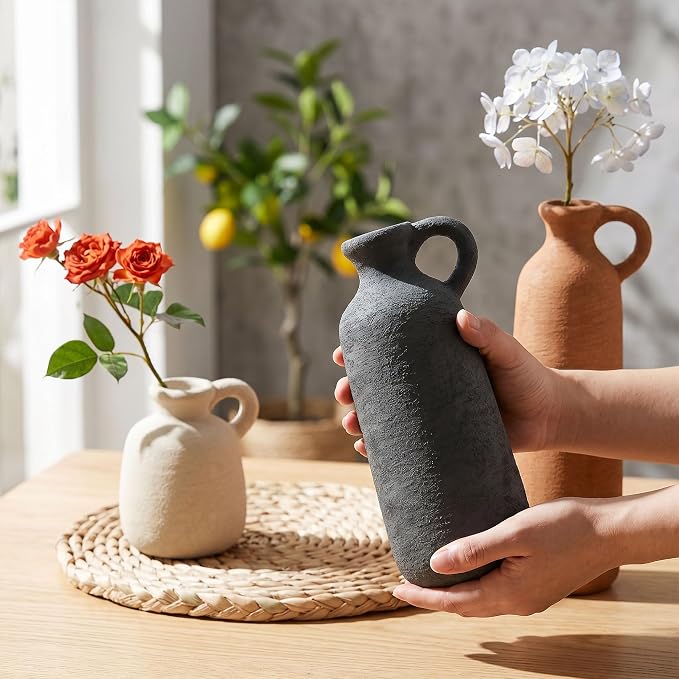 Ceramic Vase Set, 3Pcs Flower Vases for Modern Boho Farmhouse Decor, Decorative Vases for Pampas Grass & Dried Flowers, Distressed Finish