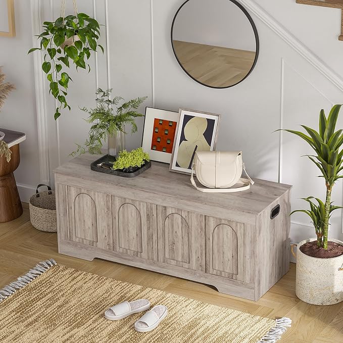 Storage Chest, Wooden Toy Box, Greige 50.0" L | Extra Large Storage Bench, 2 Soft-close Hinges, Finger-safe Flip-Top Lid, Easy Assembly, Farmhouse Trunk, Living Room/Bedroom