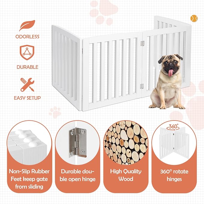Pet Republic Dog Gate Pet Gate Indoor for Stairs Doorways 82x24 Inch 4 Panels Dog Fence Extra Wide Wooden White