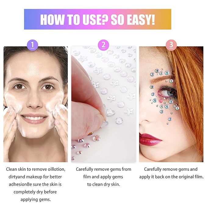 SAOROPEB 5 Sheets Face Gems Face Jewels Stickers, Self Adhesive Eye Body Face Nail Crystal Rhinestones Rainbow for Women Festival Accessory and Nail Art Decorations