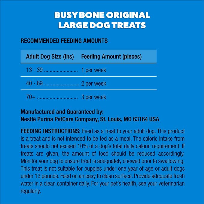 Purina Busy Bone Adult Large Dog Chew Treats, Original, 10 ct Pouch | Rawhide free chew with a real meat center for dogs 35+ lbs, long lasting chew that helps clean teeth