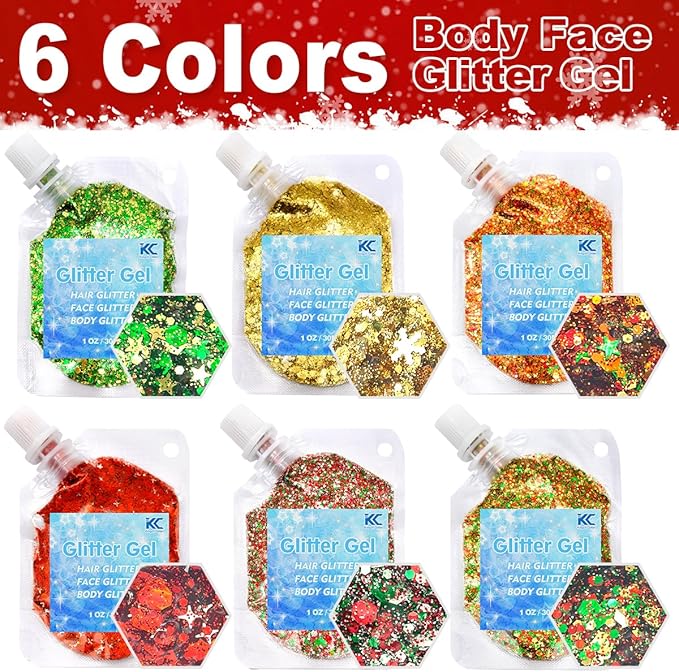 Chunky Glitter Gel Set 6 Colors Cosmetic Glitter for Body Face Hair Nail,Sequins Glitter for Women and Kids,Multi-Use Festival Party Sparkle Powder
