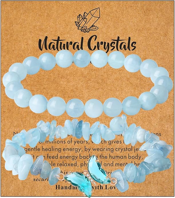 DUQGUHO 2Pcs Butterfly Bracelets for Women Healing Crystals Bracelets for Women Natural Gemstone Bead Bracelet Cute Butterfly Charm Bracelet Stretch 8mm Crystal Jewelry Gifts for Women