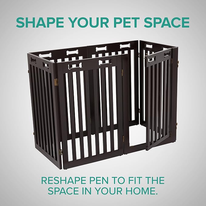 Arf Pets Freestanding Dog Gate with Door, 6 Panel 360° configurable Wooden Fence, 120" Wide, 31.5" Tall, Foldable, Four Support Feet Included, for The House - Indoor Use