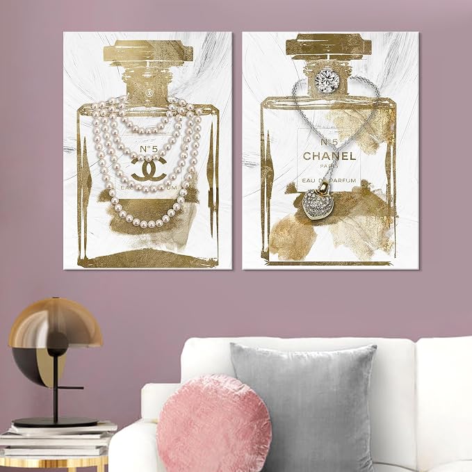 2 pieces Vintage Perfume Bottle Canvas Wall Art Modern Luxury Posters Print Fashion Glam Poster Picture for Bedroom Make up Room Home Decor 16"x24"(40x60cm)