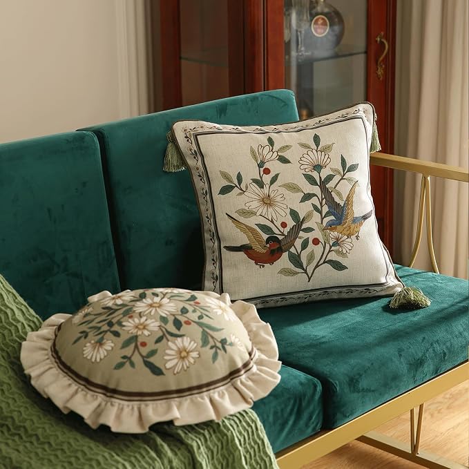 Vintage Linen Throw Pillow Cover,Set of 2,Diameter 16"-Brune C | Designer Elegant Round Pillow Cover,Concealed Zipper Design,Floral Pattern,Sofa,Bedroom,Living Room,Lounge Chairs
