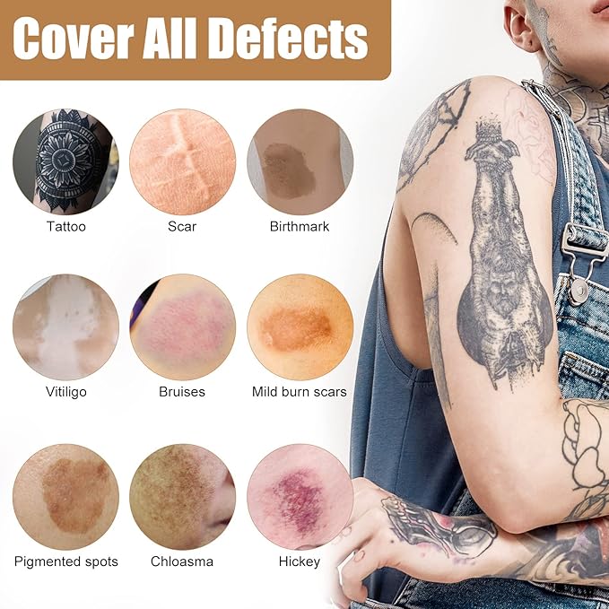 Tattoo Cover Up Makeup Waterproof, 2 Color Long Lasting Tattoo Concealer for Body, Covers Scars, Vitiligo, Dark Spots, Waterproof & Sweatproof