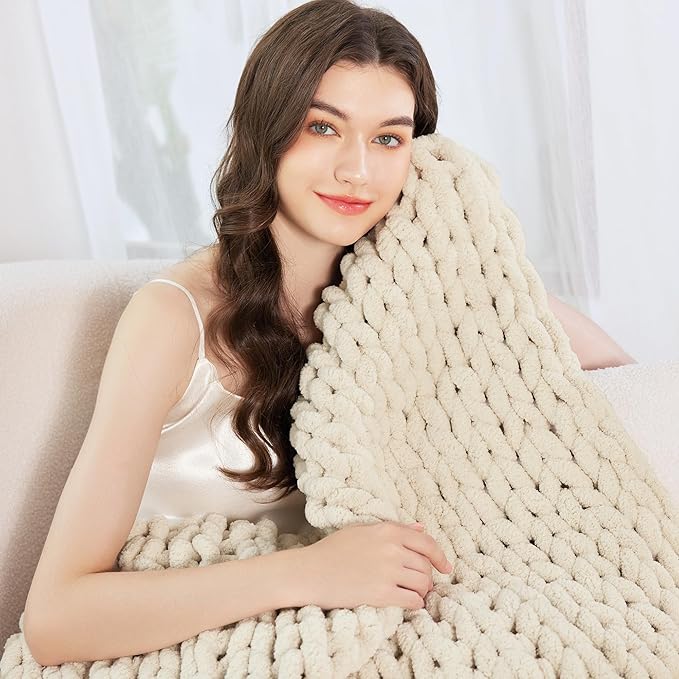 Chunky Knit Blanket Throw for Couch, 60"x80" Chunky Yarn Knitted Blankets | 100% Hand Knit Thick Chenille, Soft Breathable for Bed, Sofa, Home Decor, Cozy Gifts for Women Friends, Ivory