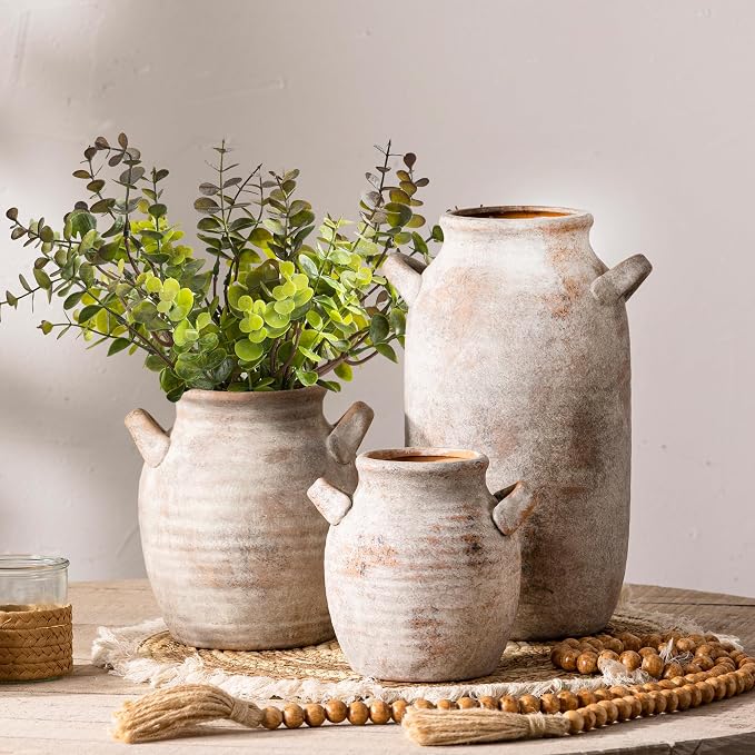 Vanselia Ceramic Flower Vase Home Decor - Farmhouse Table Vases with Handle Living Room Decoration Vintage Decorative Aesthetic for Shelf Coffee Dining Desk House Bookshelf Fireplace (6" Rustic)