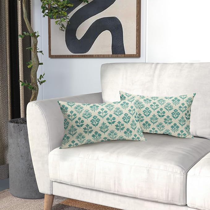 Teal Floral Pillow Covers 12x20 Inch Set of 2, Block Print Lumbar Flower Cream Decorative Throw Pillowcases Outdoor Farmhouse Rectangle Cushion Covers Spring Summer Sofa Couch Bed Decor