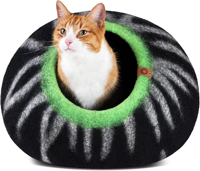 Cat Cave - Merino Wool Bed for Indoor Cats (Shining Tiger, Medium) | Cat Bed Enclosure, Premium Felt, Handmade, Super Soft, Lightweight, Breathable, Adjustable Shape