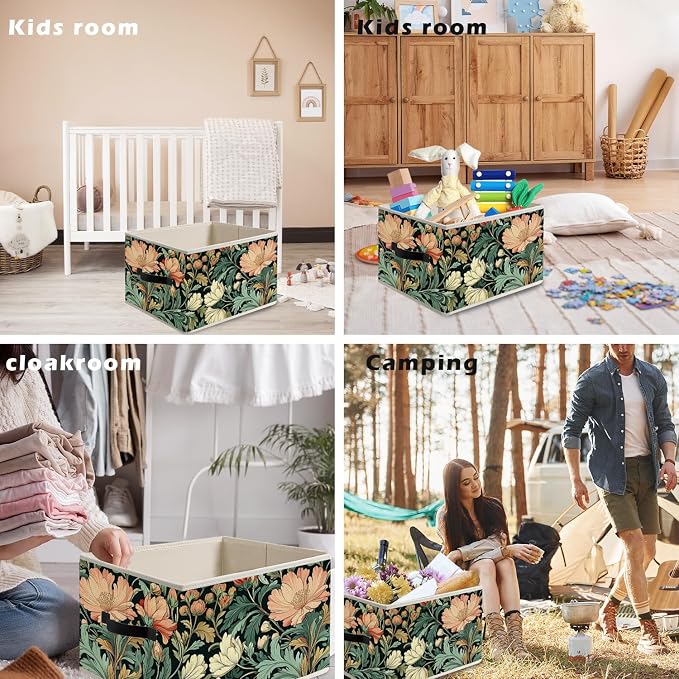 Vintage Art Nouveau Floral Storage Bin Box with Handles, William Morris Inspired Dark Cottagecore Botanical Flower Foldable Organizer Basket Toybox for Home Bedroom Bathroom Clothes Toys Books
