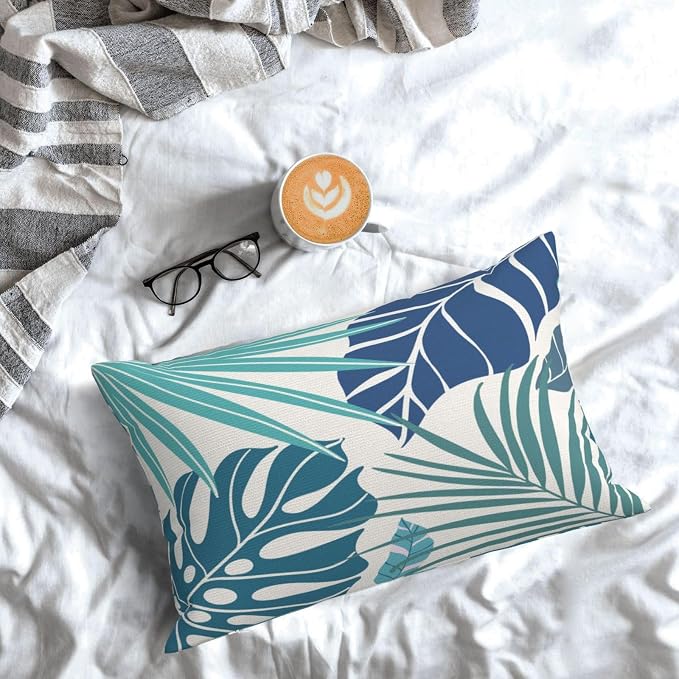 Tropical Pillow Covers 12x20 Set of 2 Navy Blue Aqua Teal Monstera Palm Leaf Pillowcase Summer Decorations Tropical Outdoor Throw Pillows Linen Decor Botanical Plant Cushion Case for Home Bed