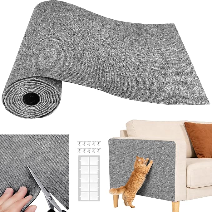 SREBAY Cat Scratch Couch Furniture Protector, Self-Adhesive Scratch Pad | 78.7x15.8In, Thicken, DIY Climbing Cat Carpet Mat for Door Window Protector, Couch Guard from Claw with Pins& Tape, LightGrey