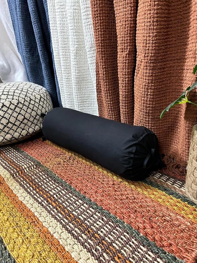 Round Pillow Cover Cervical Neck Roll Cotton Bolster Pillowcase for Cylindrical Cushion and Drawstring Closure Round Neck Pillowcase 6" x 18" (15 x 45 cm) Black