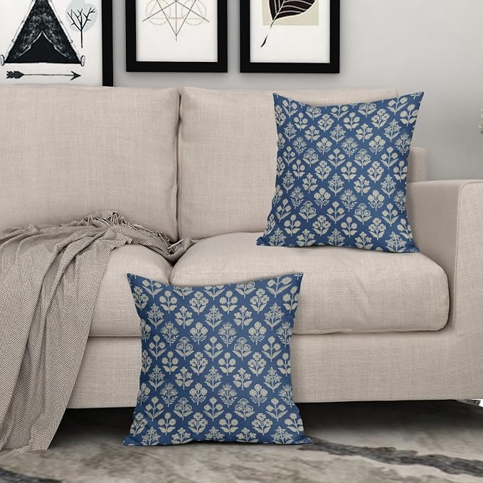 Blue Floral Block Print Pillow Covers 20x20 Inch Set of 2, Vintage Flower Pattern Decorative Throw Pillowcases Outdoor Farmhouse Cushion Covers Spring Summer Rustic Sofa Couch Bed Decor