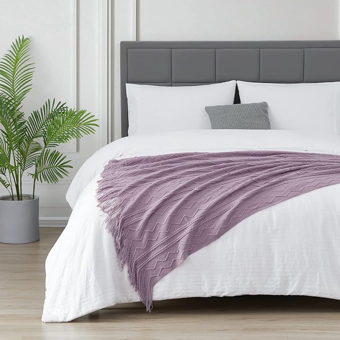 BOURINA Light Lavender Throw Blanket 50x60Inch Knit Soft Throw Sofa Blanket | Knitted Throw Blanket 50x60 Inches, Soft Lightweight Boho Weave Throw Decorative Couch Blanket for Living Room Bedroom Chair