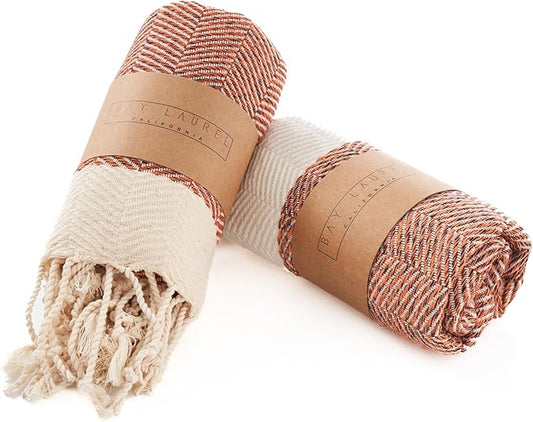 BAY LAUREL Turkish Hand Towel – Pack of 2 | Soft & Absorbent Decorative Towels for Bathroom, Hand, Face, Hair, Gym, Yoga, SPA, Kitchen & Tea | Boho Decor (Orange, Herringbone 15x26 Inches (Set of 2)
