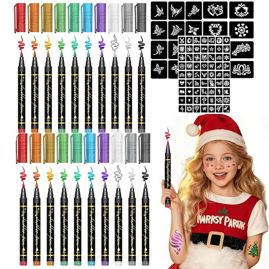 SkinCraft - Safe Temporary Tattoo Pens, Skin Craft Tattoo Markers, 10 Vibrant Colors Body Markers with Reusable Stencils, Skin-Friendly Waterproof Face Paint for Kids Teens Adults Party (2Pcs)