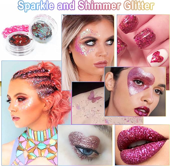 Laza 2 Jars Body Glitter for Valentine’s Day Hair Accessories Heart Glitter Chunky Sequins with Glitter Glue for Women Eyeshadow Makeup Face Paint Festival Rave Outfits Party Costumes - Crush