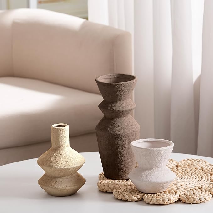 Ceramic Vase Home Table Decor - Flower Vase Set of 3 Living Room Kitchen Decorations Farmhouse Modern Rustic Vases Decorative Centerpiece for Shelf Bedroom Office Bathroom Dining Coffee Desk