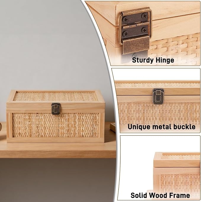 Keepsake Box with lids, Rattan Decorative Boxes, Boho Rustic Farmhouse Decorative Box, Memory Box for Keepsakes, Stackable Decorative Box for Shelf & Home Decor