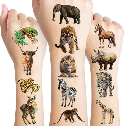 96 PCS Realistic Wildlife Jungle Animal Pre-Cut Temporary Tattoos Sticker Reptile Birthday Party Decorations Supplies Favors Gifts Boys Girls Zoo Cute Fake Tattoo School Reward Themed (Normal)